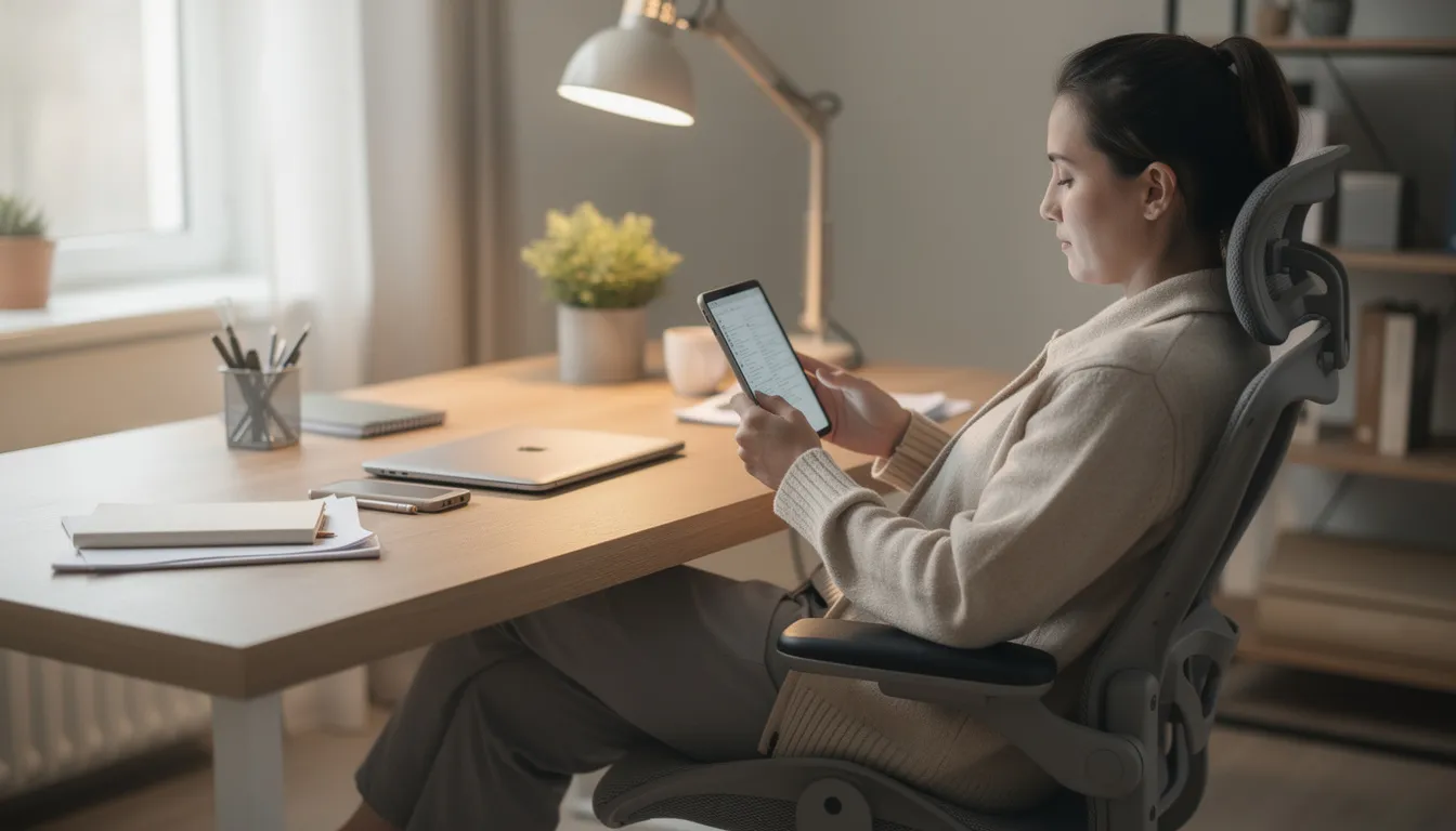 A person is sitting comfortably at a desk, reading on a tablet in a serene and organized workspace, showcasing a calm atmosphere ideal for productivity. This scene reflects the integration of artificial intelligence tools that enhance focus and efficiency in everyday tasks.