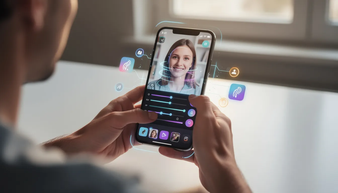 A person is using a smartphone while advanced AI features enhance their photo, showcasing the integration of artificial intelligence in everyday life. The image illustrates how AI tools and algorithms can analyze data to improve visual content, reflecting the impact of machine learning and computer vision on human interaction.