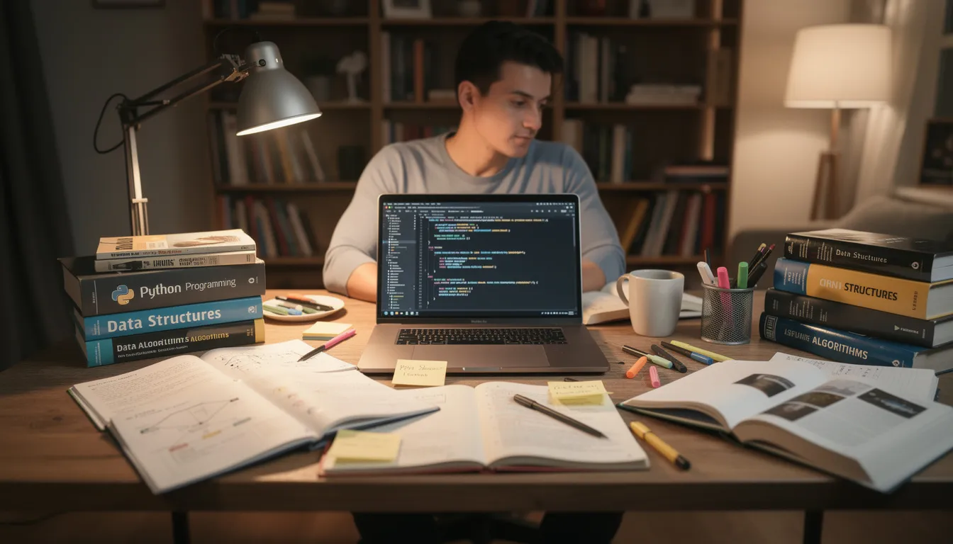 A person is studying at a desk surrounded by a laptop, various notebooks, and coding reference books, focusing on topics like data science and machine learning methods. The setting suggests an atmosphere of deep learning and research, essential for aspiring machine learning engineers and data scientists.