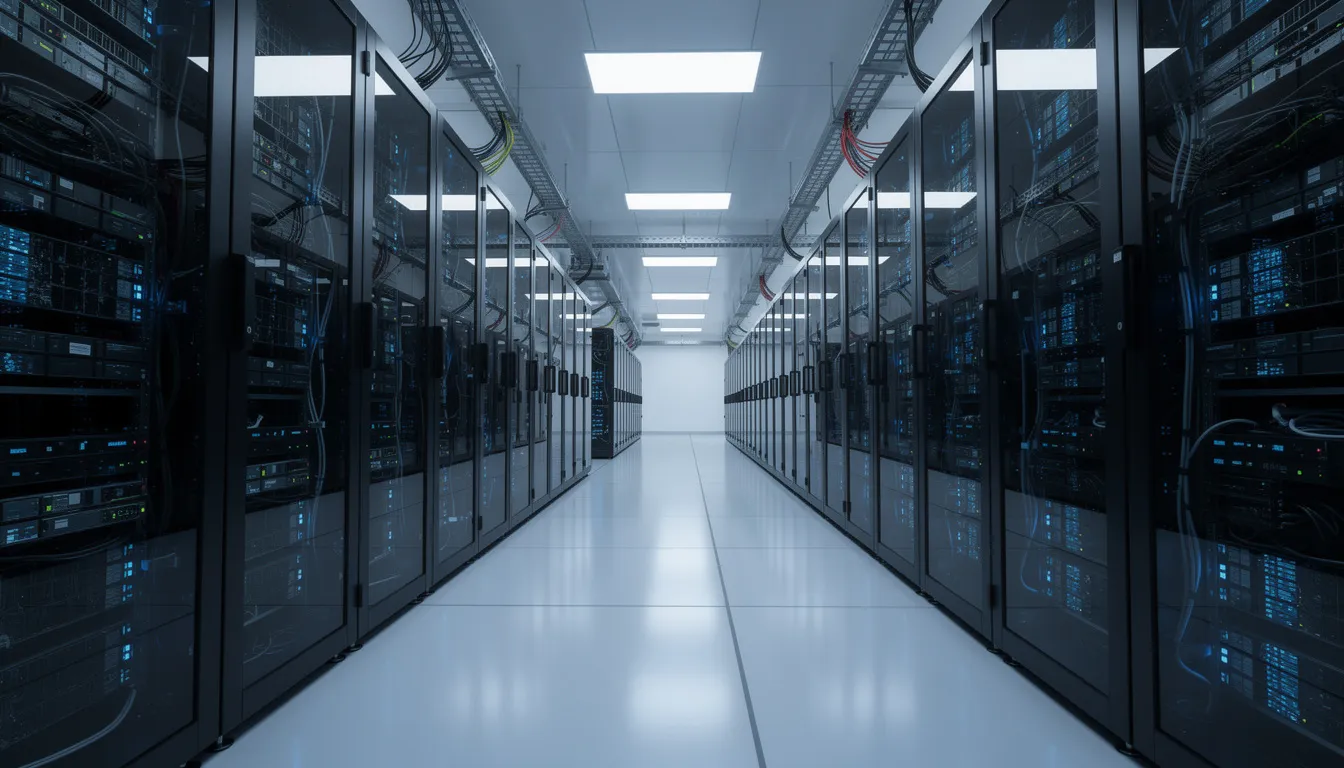 The image depicts a modern data center filled with rows of servers, illuminated by blue LED lighting, showcasing the infrastructure that supports artificial intelligence and machine learning operations for top companies in the tech industry. This environment is essential for enabling developers to create innovative solutions and enhance business operations through data analytics and digital transformation.