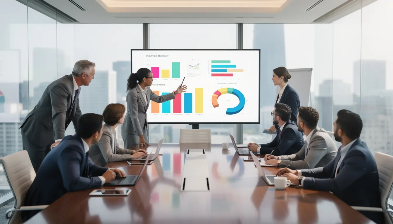The image shows a modern conference room where a diverse group of professionals collaborates around a large screen displaying a vibrant presentation. They are engaged in a discussion about data analysis and reporting processes, utilizing advanced AI tools to generate meaningful insights and create professional reports.
