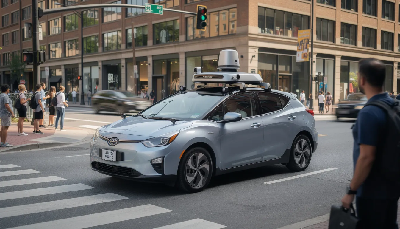 An autonomous vehicle equipped with advanced artificial intelligence technologies is navigating a busy city street, skillfully maneuvering around pedestrians and other traffic. This scene highlights the capabilities of computer vision and machine learning algorithms in real-time urban environments.