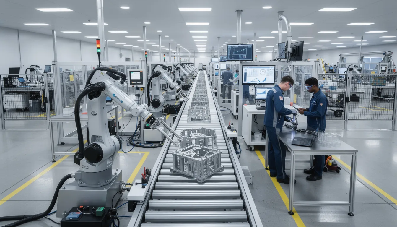 The image depicts a modern manufacturing floor featuring an advanced robotic assembly line complemented by quality control stations, illustrating the integration of AI technology in business operations. This setup enhances operational efficiency and supports tasks such as predictive maintenance and inventory management through AI-powered solutions.