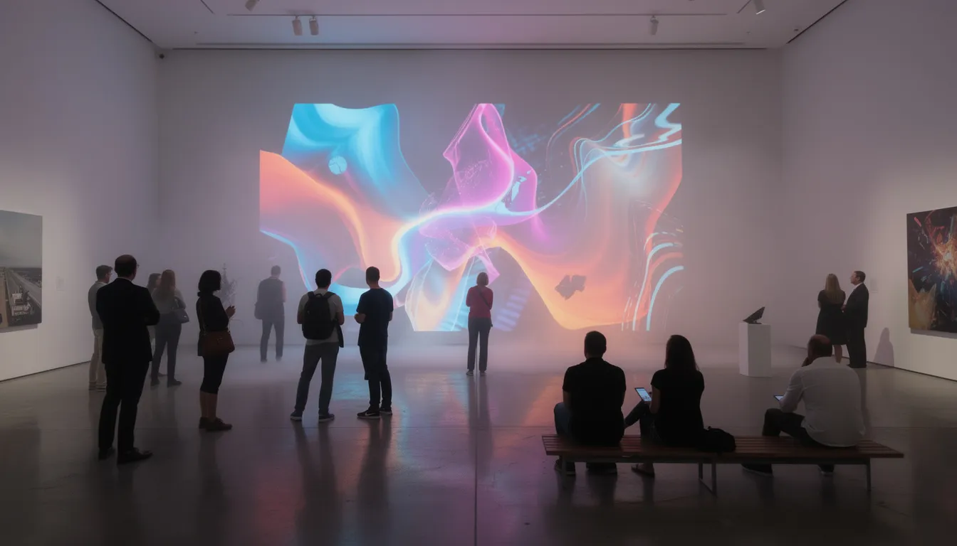 The image depicts a group of people admiring a vibrant digital art installation projected on a gallery wall, showcasing interactive graphics created using processing code. The installation highlights the intersection of visual arts and technology, inviting viewers to engage with the colorful animations and explore the creative possibilities of programming languages like Java.