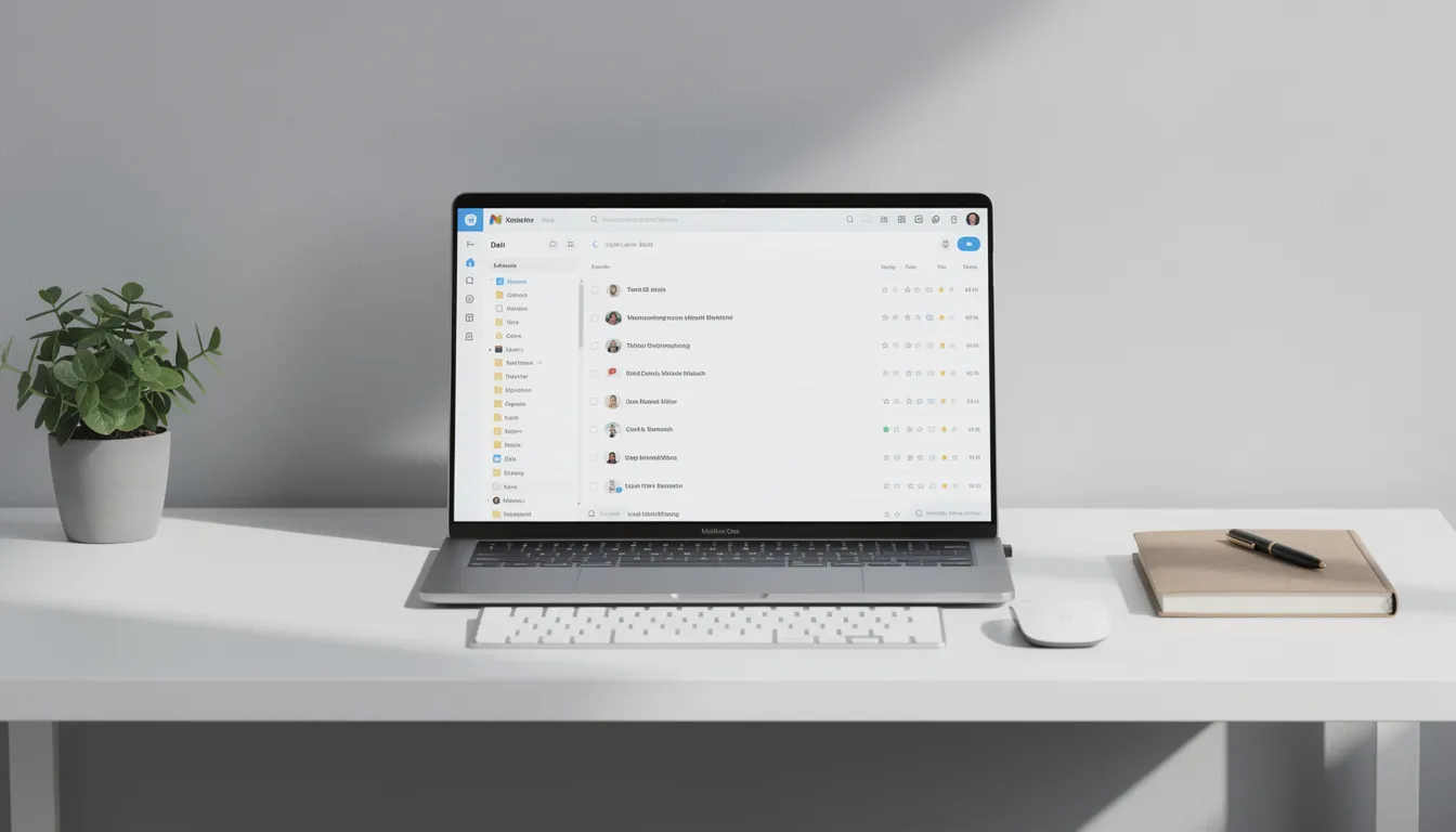 The image depicts a clean, minimalist workspace featuring a sleek laptop with an organized email inbox on the screen, reflecting a professional environment ideal for tech enthusiasts and those interested in the latest developments in the AI industry. The overall aesthetic promotes focus and productivity, perfect for anyone looking to stay ahead in the ever-evolving world of artificial intelligence.