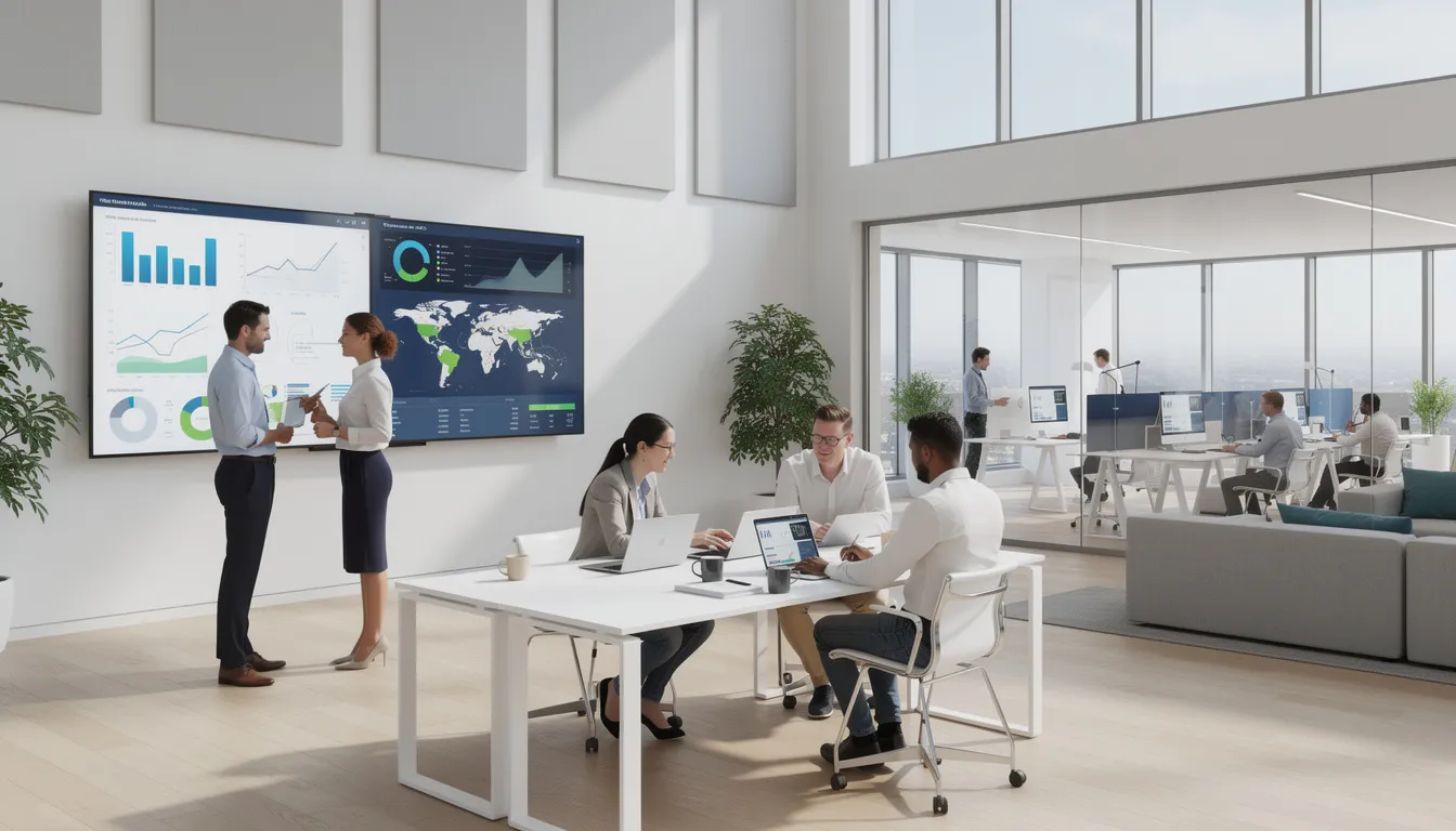 The image depicts a modern open office space where professionals are collaborating around laptops, with large displays showcasing data visualizations. This environment highlights the integration of AI tools and business strategies, emphasizing the importance of data analysis and operational efficiency in driving innovation and competitive advantage.