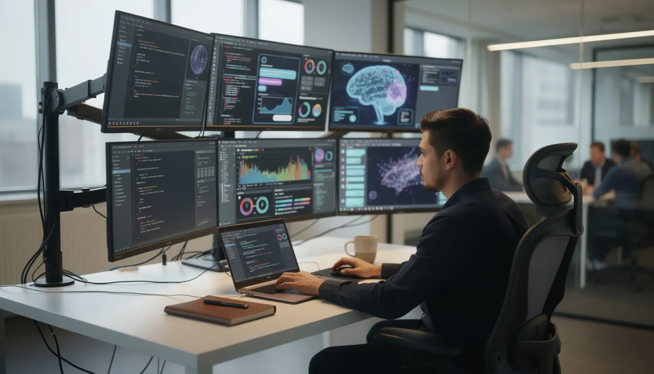 A developer is seated at a modern office desk, working intently on a laptop surrounded by multiple screens displaying code and various AI interface elements, showcasing the latest in AI applications and tools for development. The environment is designed for productivity, emphasizing creativity and the exploration of new ideas in AI and web technologies.