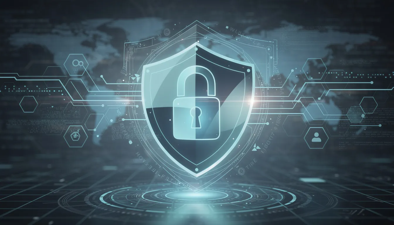 The image depicts an abstract representation of digital security, featuring shield and lock symbols that symbolize cybersecurity. This visual highlights the importance of protecting sensitive data against security risks and data breaches, while also reflecting on the role of artificial intelligence in enhancing cybersecurity measures.