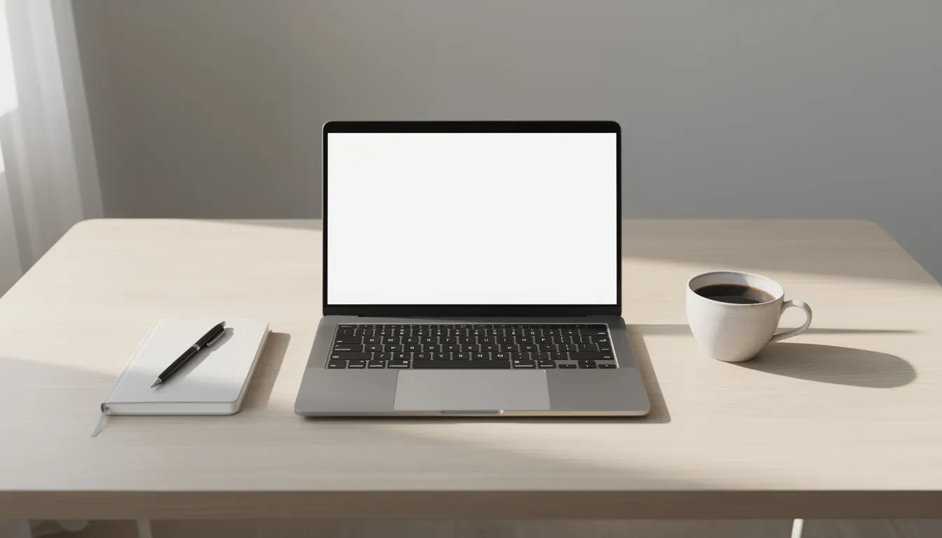 The image depicts a clean and organized workspace featuring a laptop, a neatly placed notebook, and a single coffee cup, creating an ideal environment for productivity and deep thinking. This setup is perfect for users engaging with an AI chatbot or assistant, fostering seamless interaction and advanced reasoning.