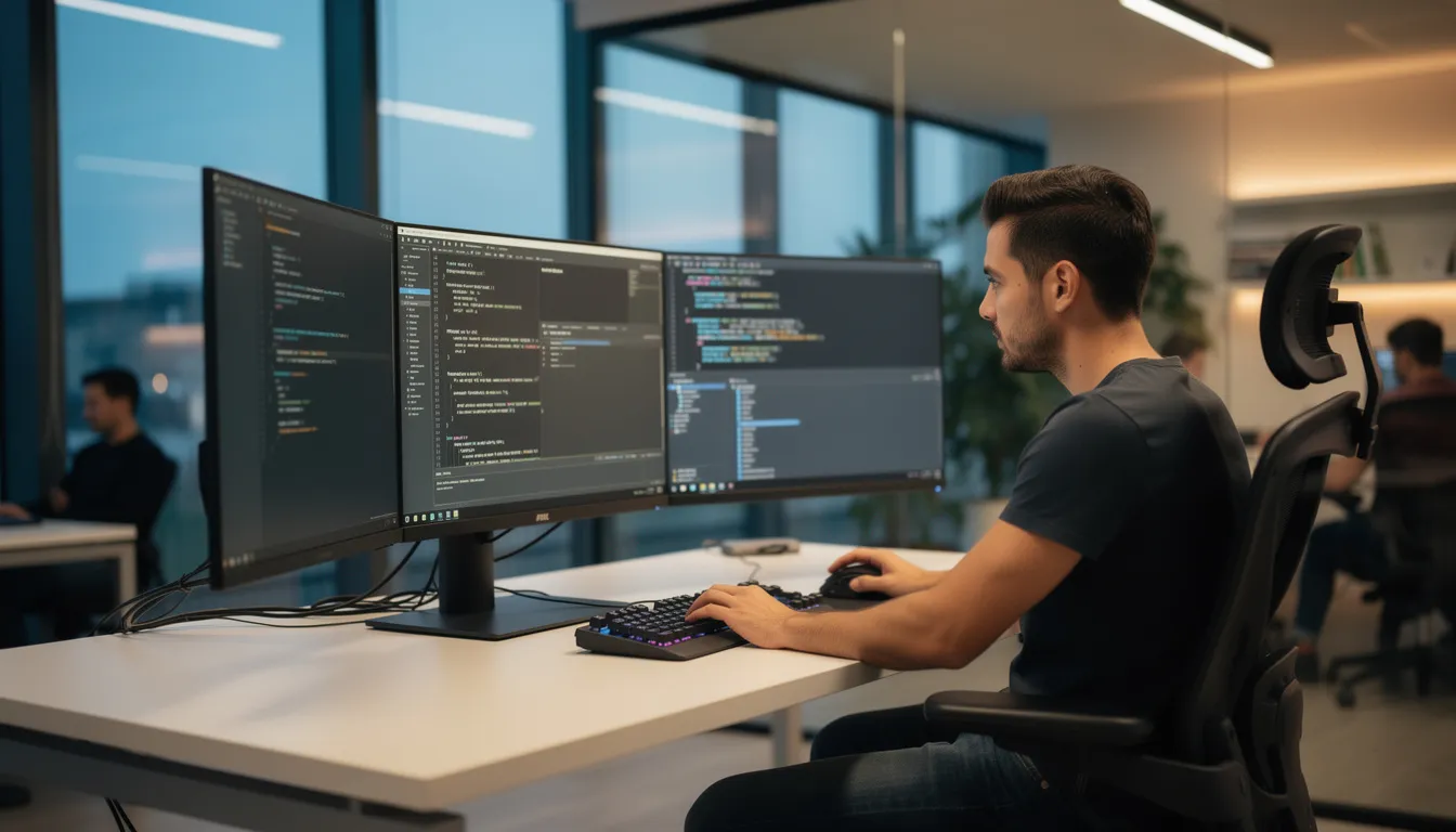 A developer is intently reviewing code on multiple monitors in a modern office setting, utilizing advanced AI coding tools for code optimization and accurate code suggestions. The workspace is equipped with Visual Studio Code and various code snippets, enhancing the coding efficiency and overall development process.
