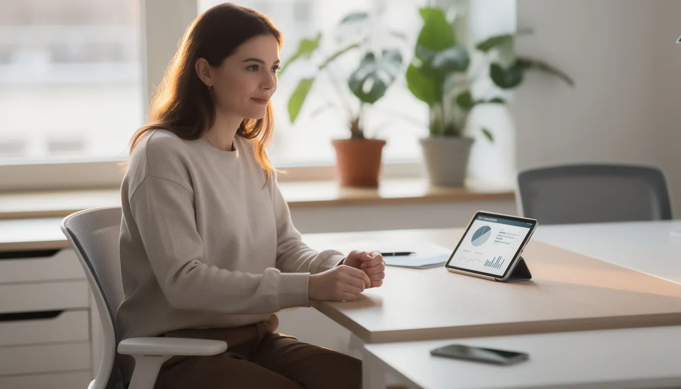 The image depicts a calm professional seated at a clean desk, focused on a single tablet that displays organized information. In the background, plants add a touch of nature, emphasizing a serene workspace conducive to data analysis and effective decision-making in the realm of artificial intelligence and its applications.