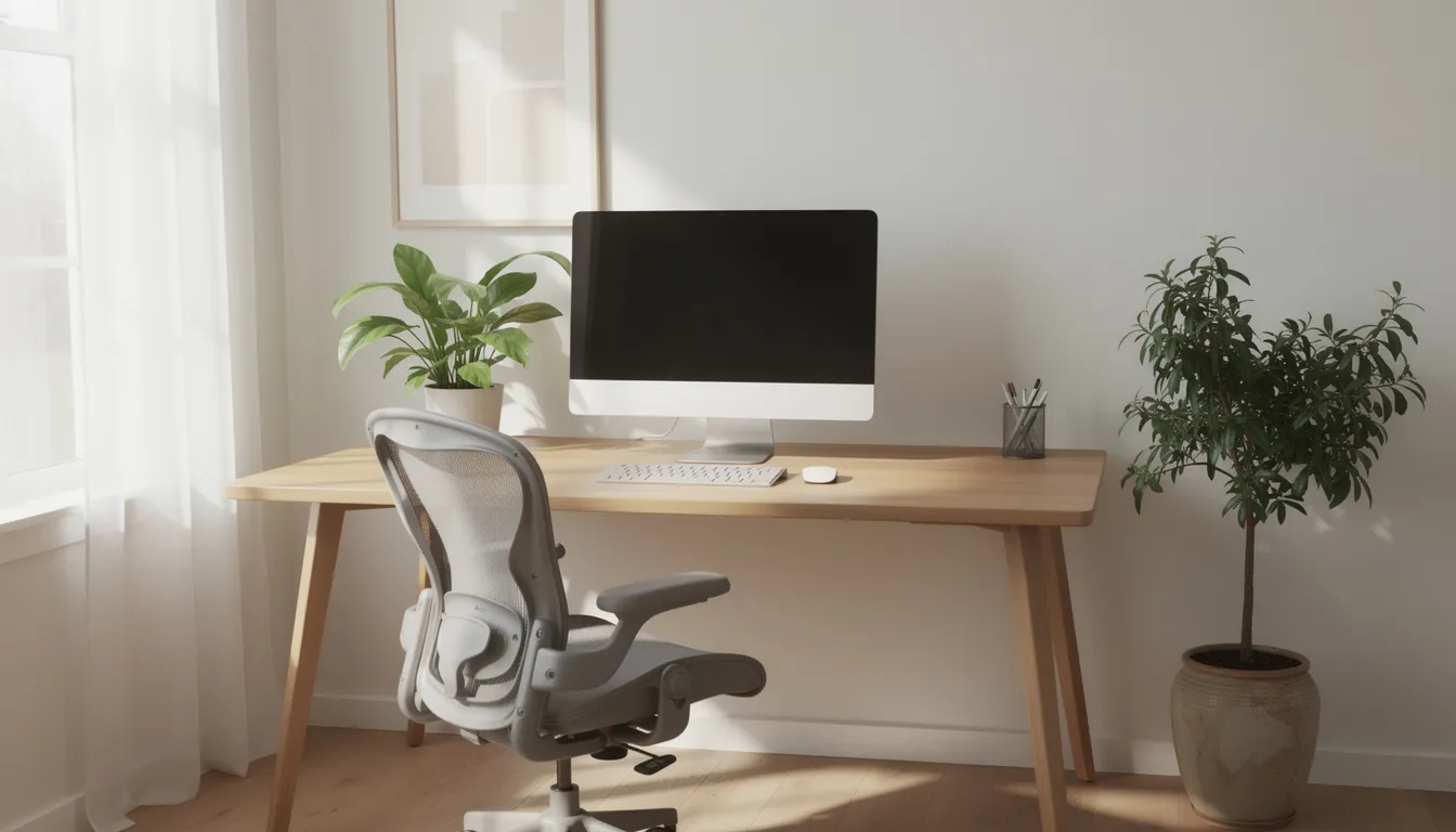 The image depicts a serene and organized workspace featuring a clean desk with a single monitor, surrounded by lush plants and bathed in natural light, creating an atmosphere conducive to focus and mental clarity. This environment is ideal for utilizing AI writing tools and enhancing the writing process, promoting productivity and creativity.