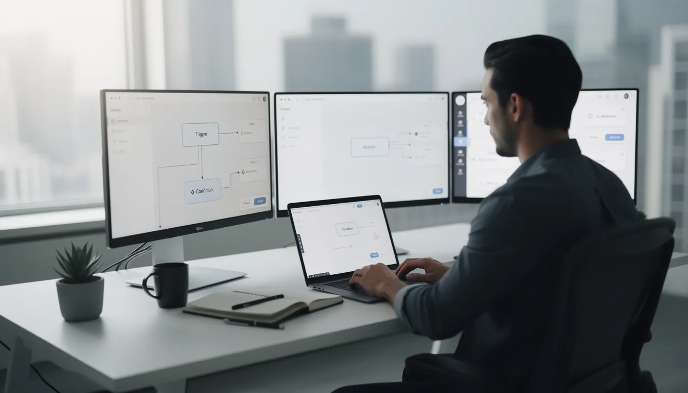A person is focused on their laptop, working on building an automated workflow using various AI tools. The scene highlights the integration of generative AI applications that enable users to streamline tasks and save time with just a few clicks.