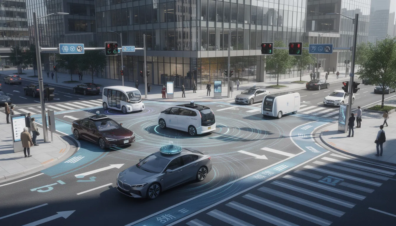 The image depicts a busy city intersection featuring autonomous vehicles navigating seamlessly alongside traditional cars, enhanced by smart traffic management systems that optimize flow. This scene illustrates the integration of advanced AI systems in everyday life, showcasing the future of AI technology in urban environments.