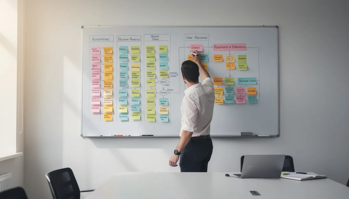 A person stands in front of a whiteboard, mapping out a workflow diagram using colorful sticky notes and connecting lines. This visual representation illustrates the process of creating conversational AI chatbots, highlighting the steps involved in enhancing customer satisfaction and improving the overall customer experience.
