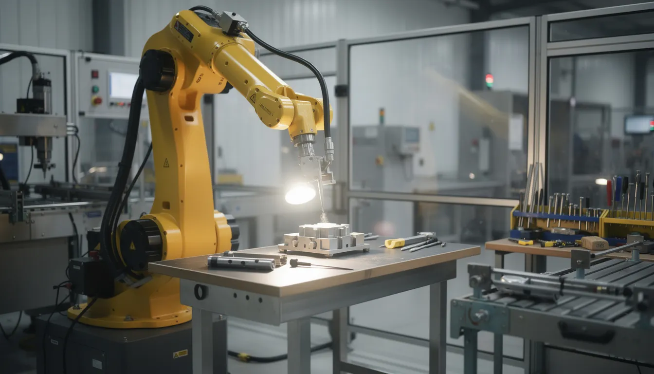 An industrial robotic arm is shown performing precision manufacturing work, showcasing advanced machine learning capabilities and artificial intelligence in a sophisticated computing environment. This technology company exemplifies the integration of automation and digital transformation to enhance productivity and deliver meaningful outcomes in manufacturing processes.