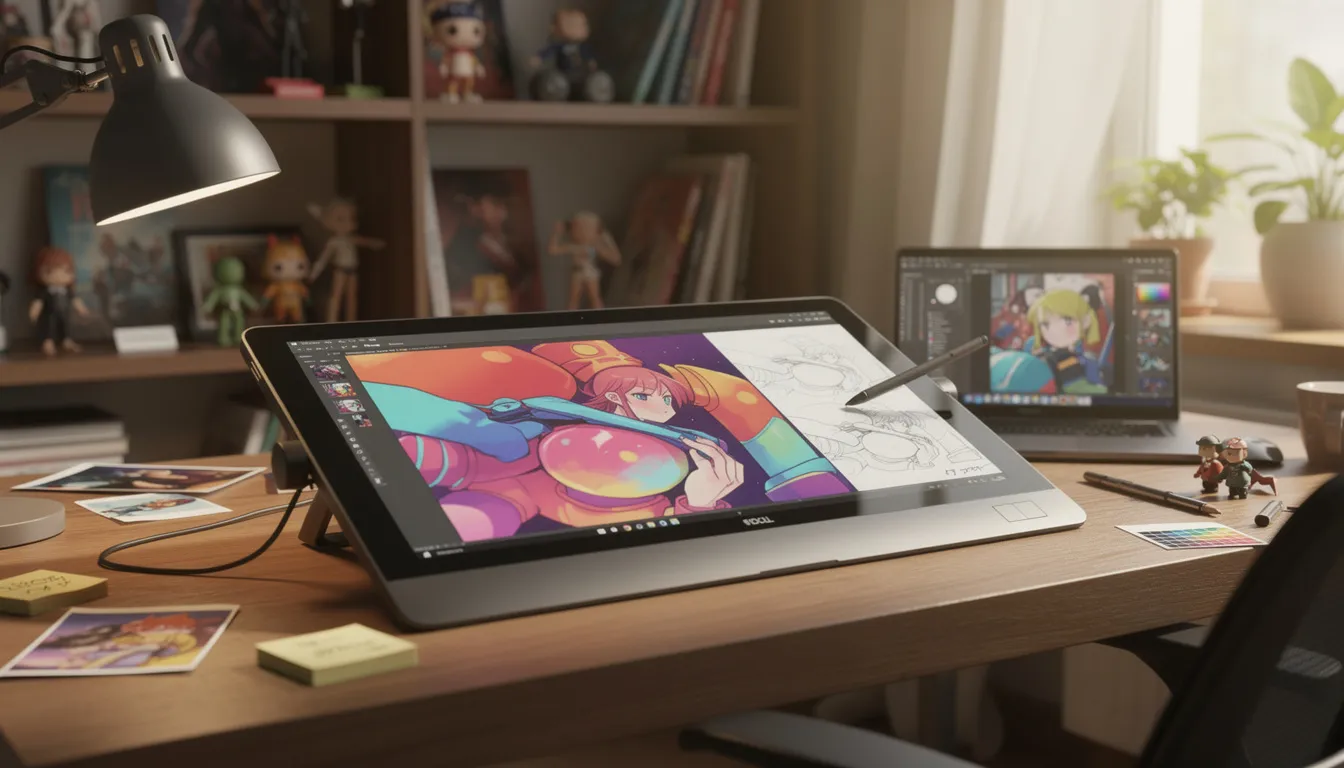 A digital artist's workspace features a drawing tablet alongside a vibrant creative project displayed on the screen, showcasing the power of generative AI tools. This setup reflects a modern approach to creativity, blending technology and artistic expression for students and professionals alike.