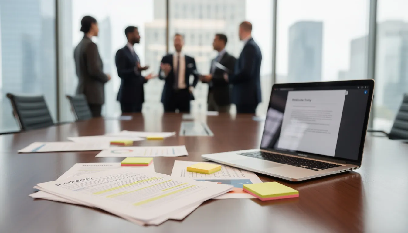 The image depicts a conference table cluttered with policy documents and a laptop, as professionals engage in a discussion in the background. This setting suggests a focus on science and technology policy, including topics like the AI Bill of Rights and algorithmic discrimination protections.