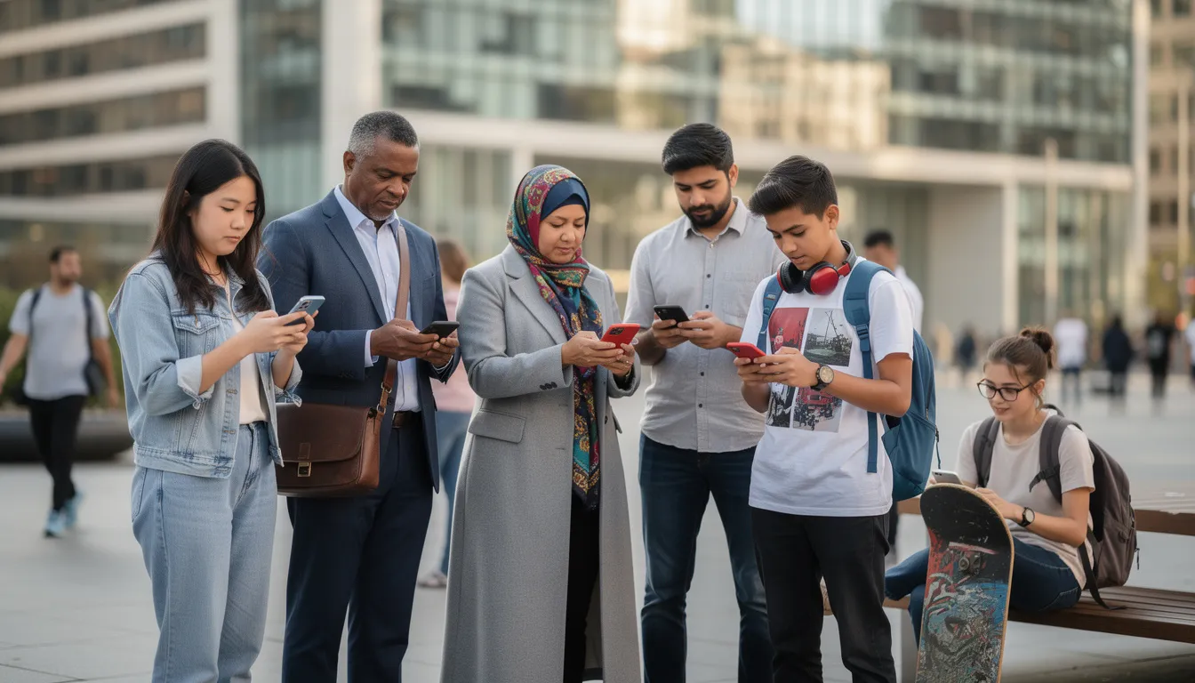 A diverse group of people from various cultures is gathered in a public space, intently looking at their smartphone screens. The scene reflects the intersection of human creativity and technology, as they engage with AI systems and the digital world around them.