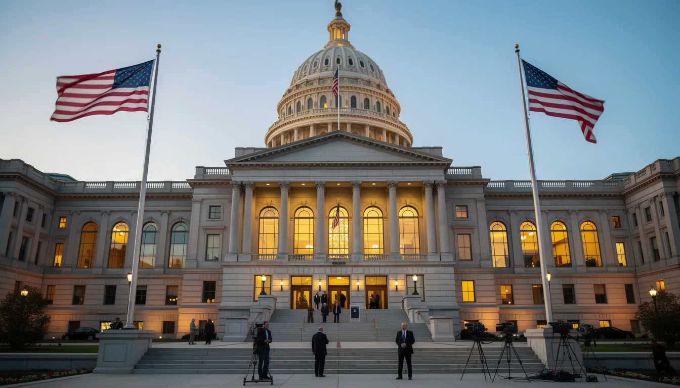 The image depicts a state capitol building adorned with American flags, bustling with activity as a legislative session takes place. This scene symbolizes the intersection of governance and technology policy, reflecting discussions around the artificial intelligence bill of rights and the need for algorithmic discrimination protections.