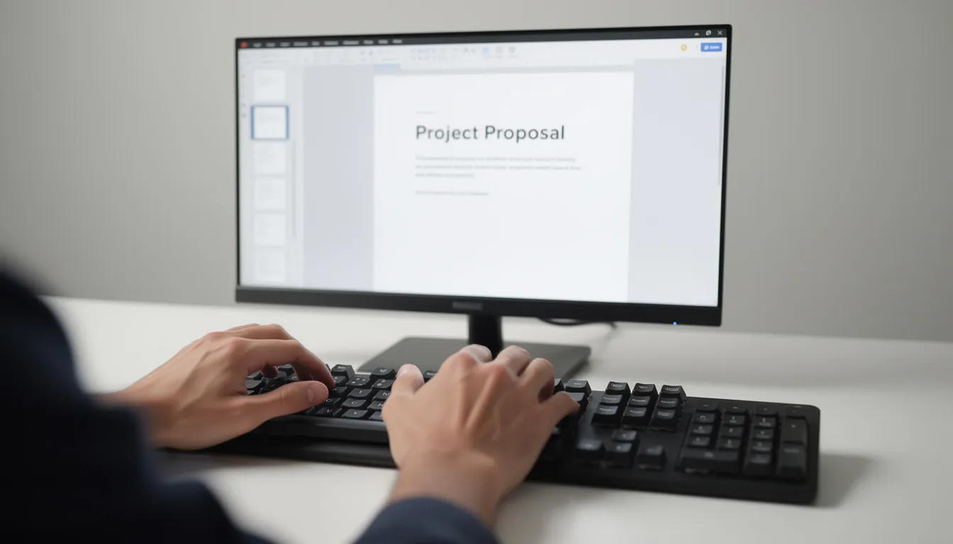 The image shows hands actively typing on a keyboard, with a computer screen displaying a document editing interface, likely a platform like Google Docs. This scene illustrates the use of AI tools for content creation and document editing, highlighting the interaction between humans and artificial intelligence in daily tasks.
