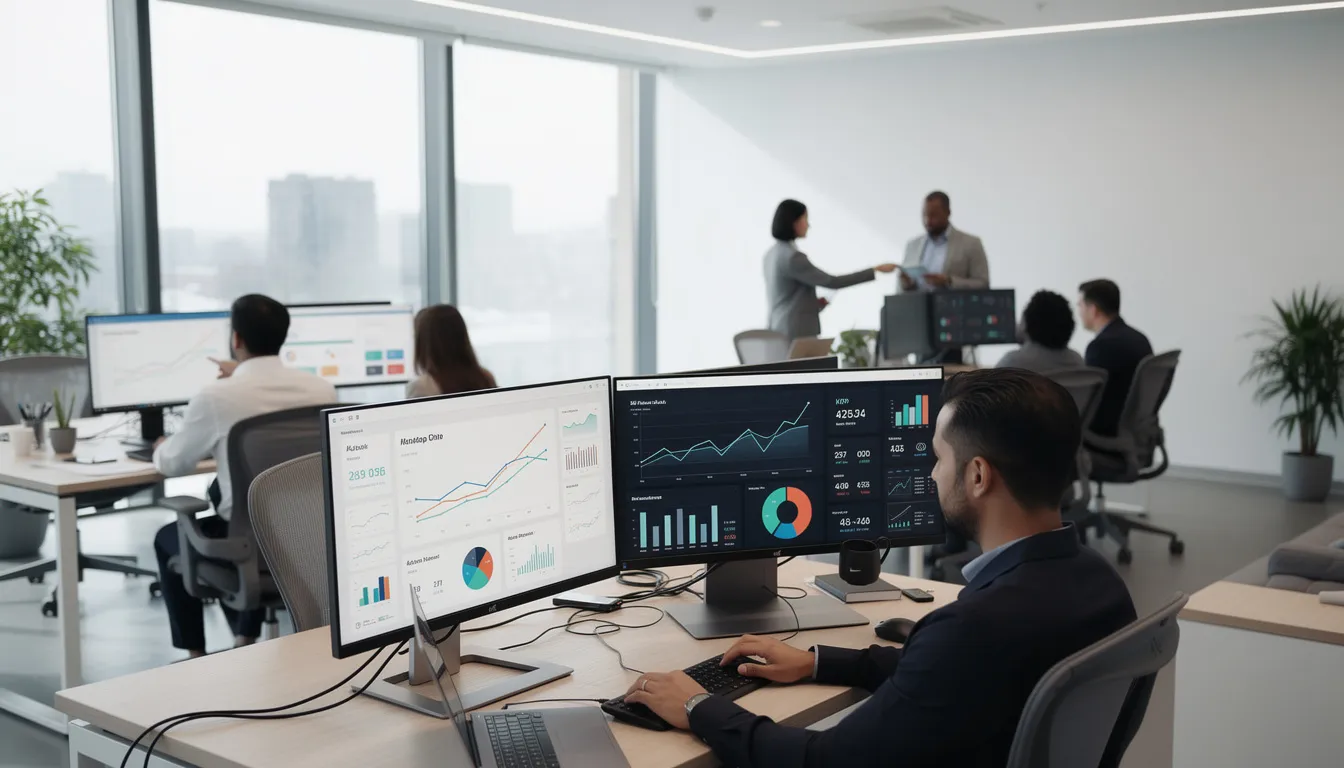 The image depicts a modern office environment where professionals are engaged in their work, focused on computers that display data dashboards. These dashboards likely provide insights related to business operations, enabling effective decision making and enhancing operational efficiency through the use of artificial intelligence and data analysis tools.