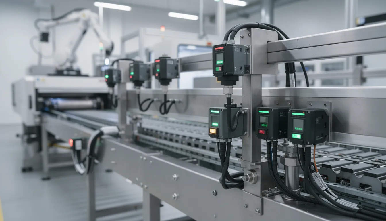 The image depicts advanced sensors attached to various manufacturing equipment in a modern factory setting, showcasing the integration of artificial intelligence and living intelligence technologies in industry. These innovative tools enhance data processing capabilities, bridging gaps in efficiency and productivity within the manufacturing sector.