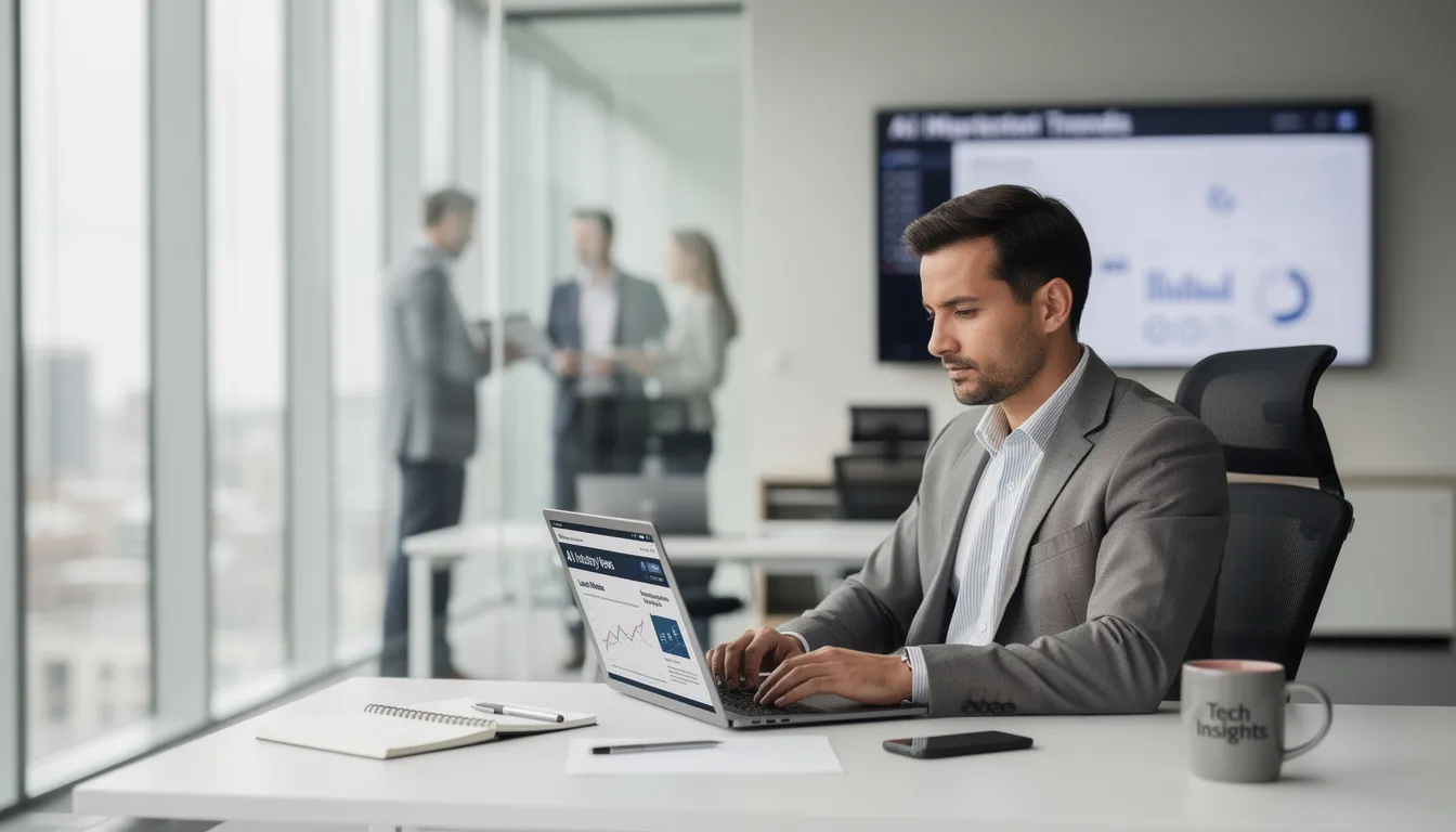 A professional is seated at a desk in an office, intently reading AI industry news on their laptop, which displays various articles about advancements in artificial intelligence, including topics like machine learning models and generative AI. The environment suggests a focus on understanding AI agents' capabilities to improve business processes and automate complex tasks.