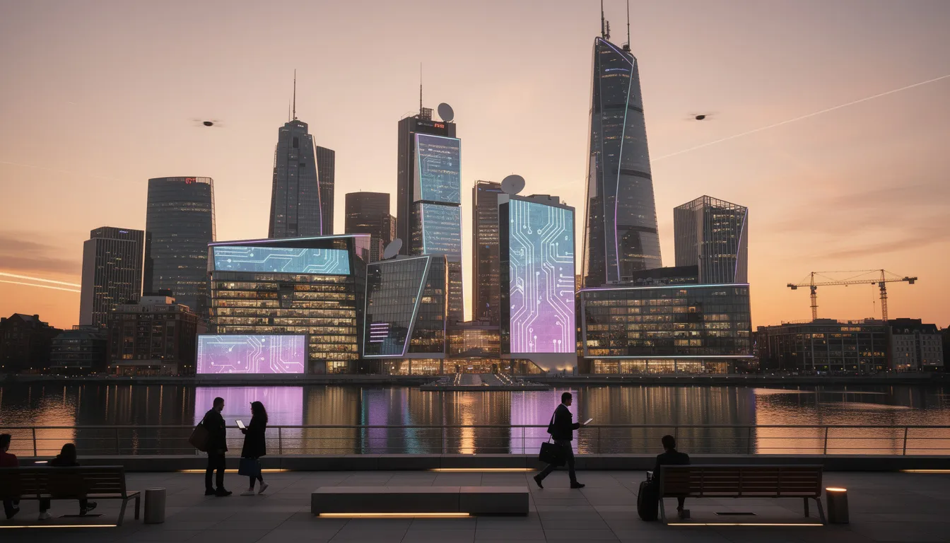 The image depicts a vibrant modern city skyline at sunset, symbolizing a major technology hub where fields like computer science, artificial intelligence, and data science thrive. Skyscrapers silhouetted against the colorful sky represent the dynamic environment for AI engineers and machine learning professionals in this rapidly growing industry.