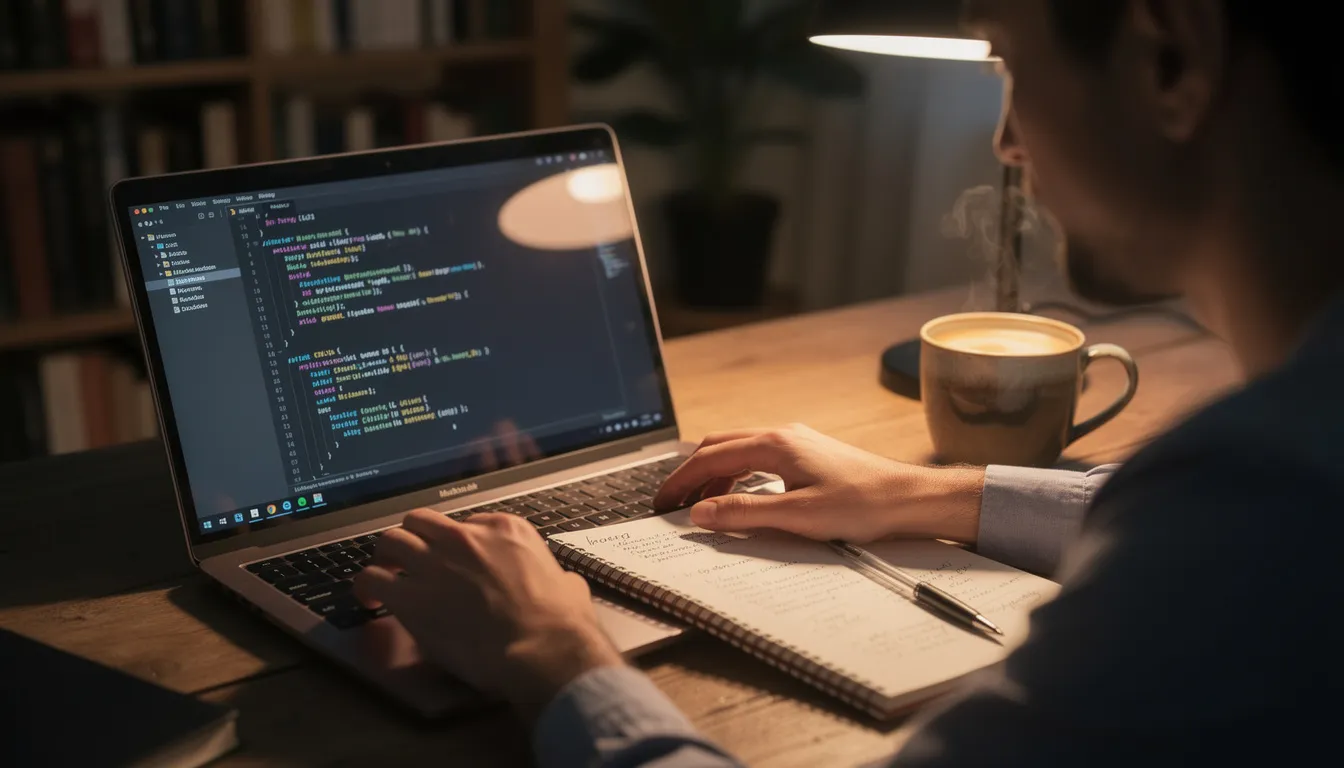 A person is sitting at a desk, focused on studying programming at their laptop, with a notebook and a cup of coffee nearby. The scene captures the essence of learning about artificial intelligence concepts, including programming languages and machine learning, essential for developing AI applications.