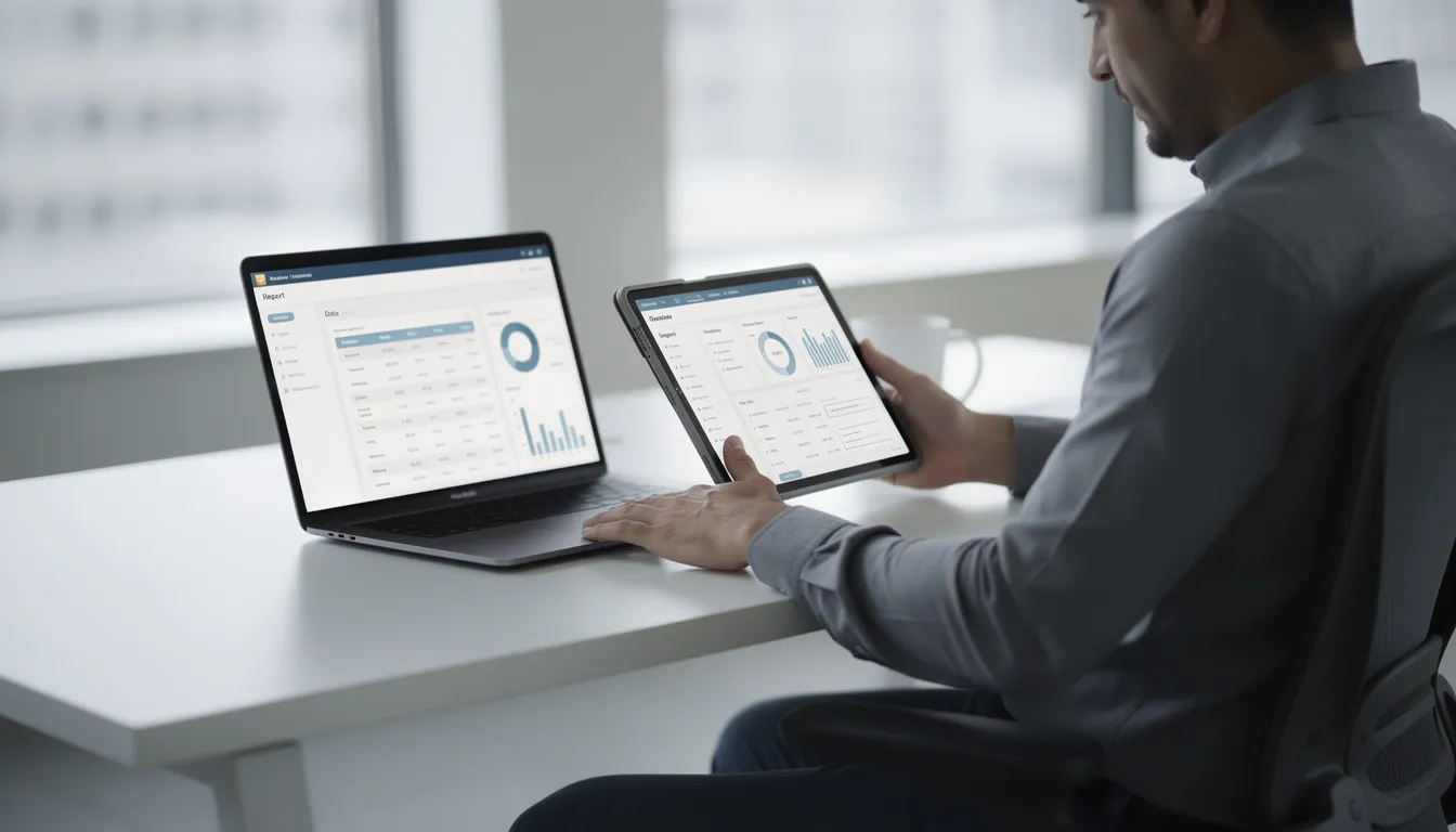 The image shows a person sitting at a desk, intently comparing information displayed on a tablet and a laptop side by side. This setup suggests a focus on deep research, utilizing both devices to access relevant information, possibly involving advanced features of AI search engines for academic or complex queries.