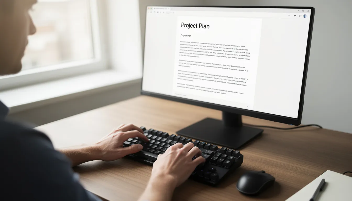 A pair of hands is actively typing on a keyboard, while a document is displayed on the screen, illustrating the writing process. This scene captures the essence of content creation, whether for blog posts, professional documents, or overcoming writer's block with the help of an AI writing tool.