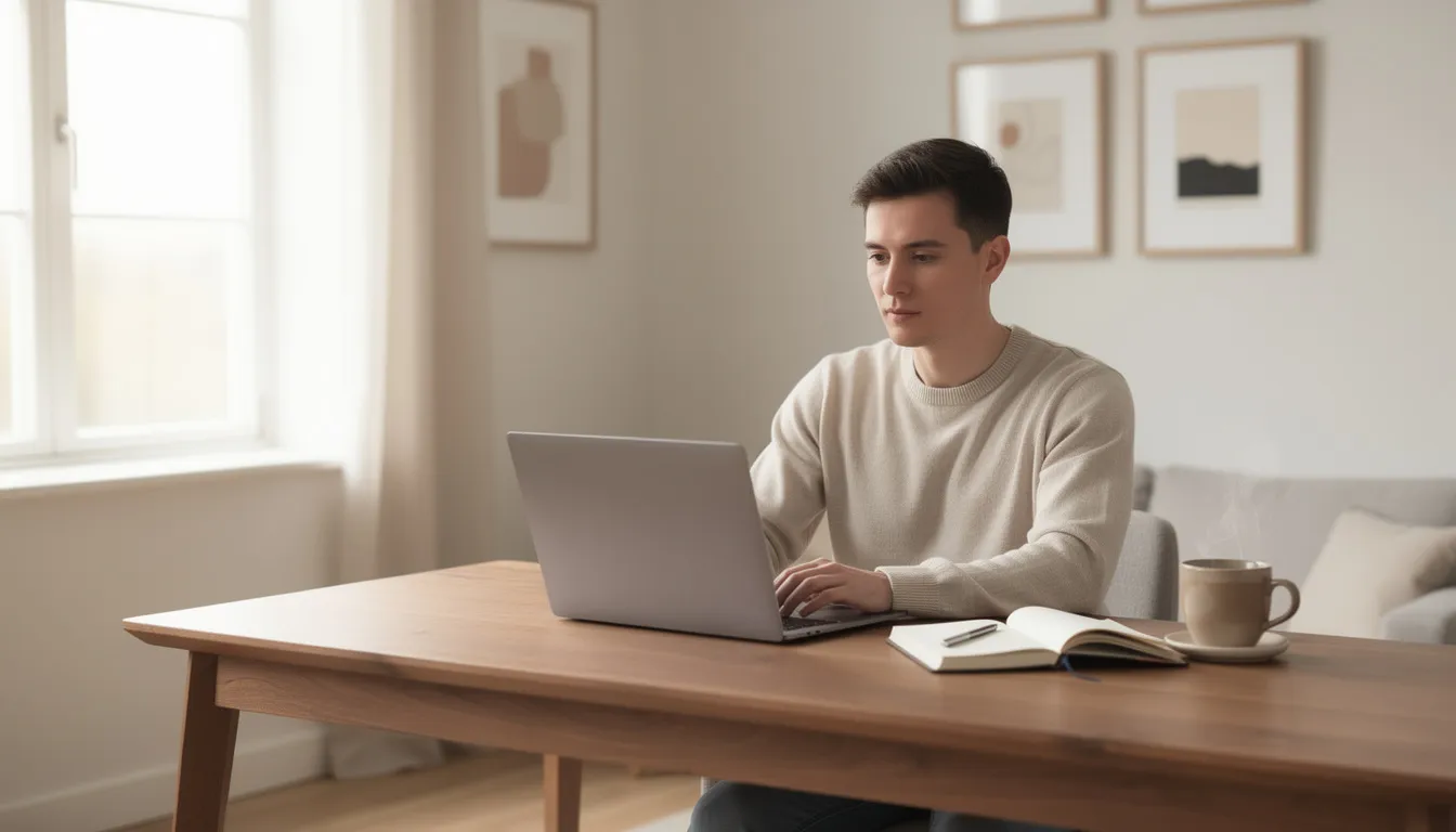 A person is seated at a modern home office desk, working intently on a laptop with a cup of coffee and a notebook nearby. This scene reflects a productive environment where essential AI skills and tools may be utilized for various tasks, showcasing a blend of technology and comfort.