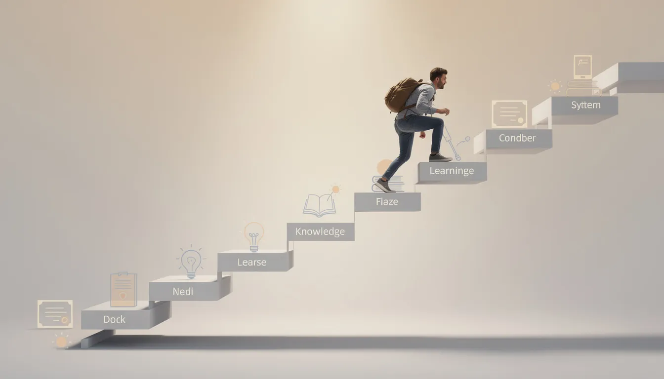 An individual is depicted climbing a series of ascending steps, symbolizing the progression of learning in areas such as artificial intelligence, machine learning, and data science. This image represents the journey towards acquiring essential AI skills and knowledge, essential for careers in technology and data analysis.