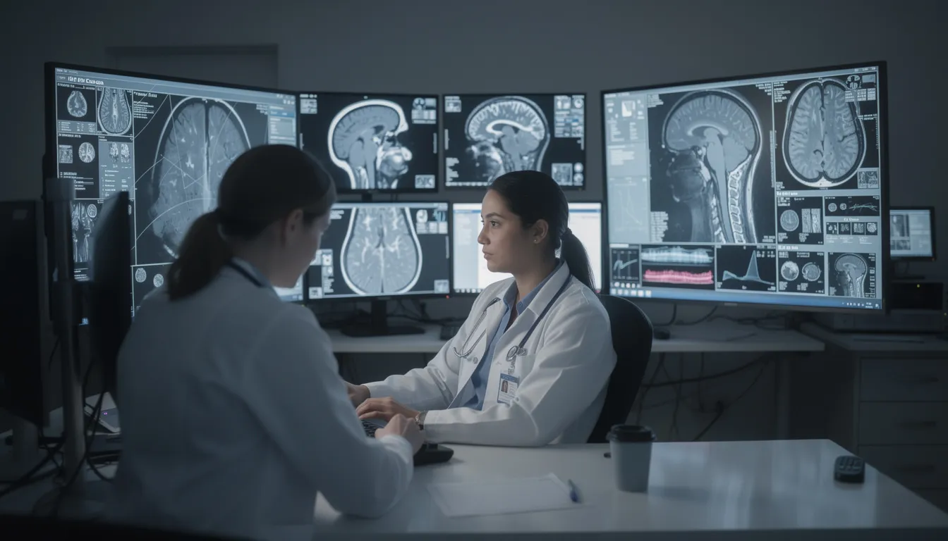 A medical professional is intently reviewing diagnostic scans displayed on multiple computer monitors, utilizing advanced AI tools and computer vision technology to assist in accurate decision-making for patient care. The scene highlights the integration of artificial intelligence in healthcare, showcasing how AI-powered systems enhance diagnostic processes.