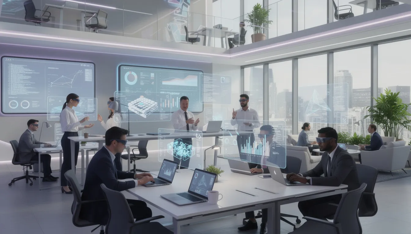 The image depicts a futuristic collaborative office space where diverse employees are engaged in teamwork alongside advanced digital interfaces, showcasing the integration of AI technology in the workplace. This environment highlights the future of work, emphasizing the importance of AI skills and tools as businesses adapt to new opportunities and enhance productivity through innovation.