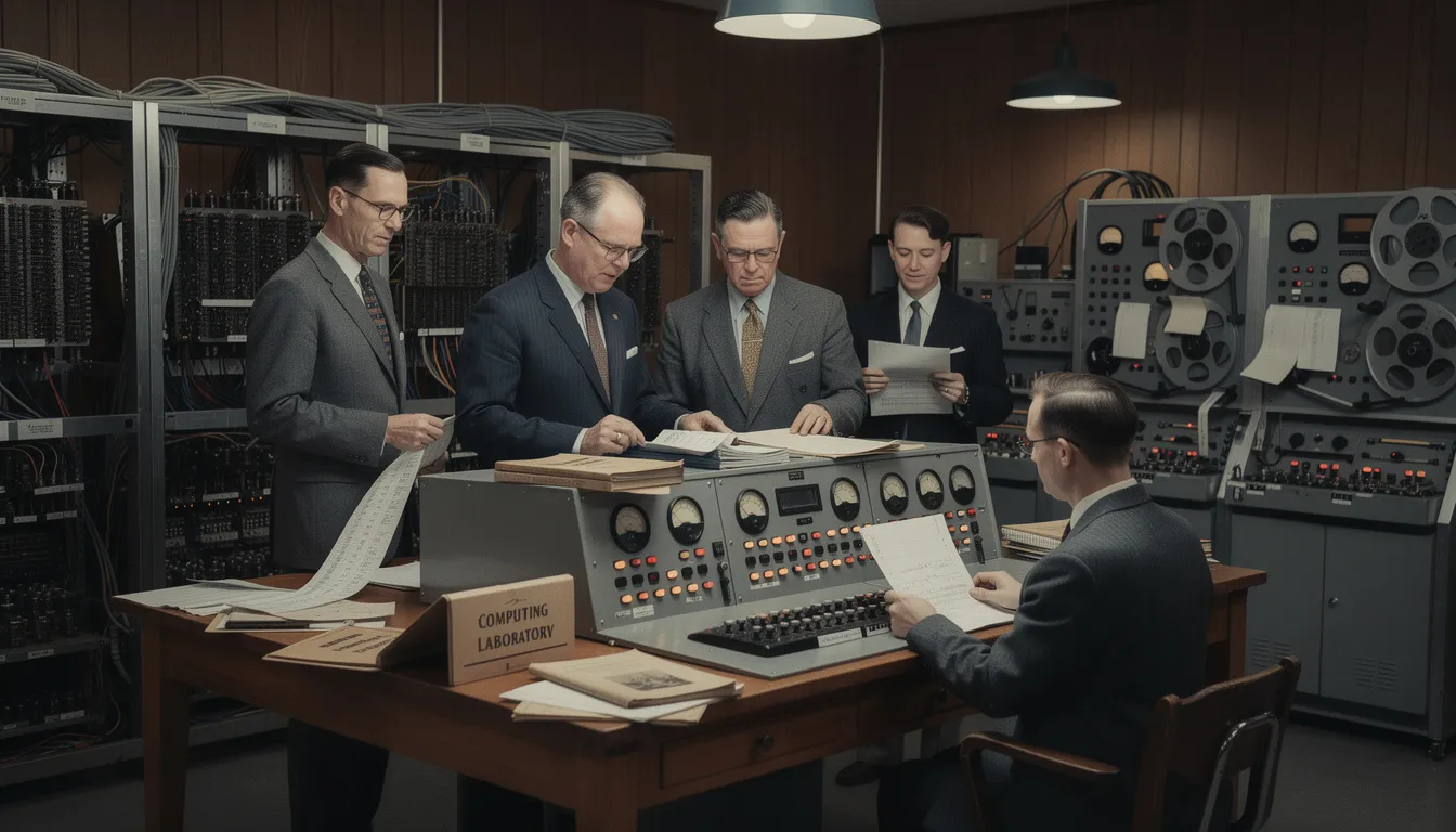 The image depicts a group of researchers in suits, gathered around early computing equipment in a 1950s academic environment, reflecting the beginnings of artificial intelligence and computer science. Their focus on the machinery signifies the early exploration of machine intelligence and the foundational work that would lead to advancements in AI research and technology.