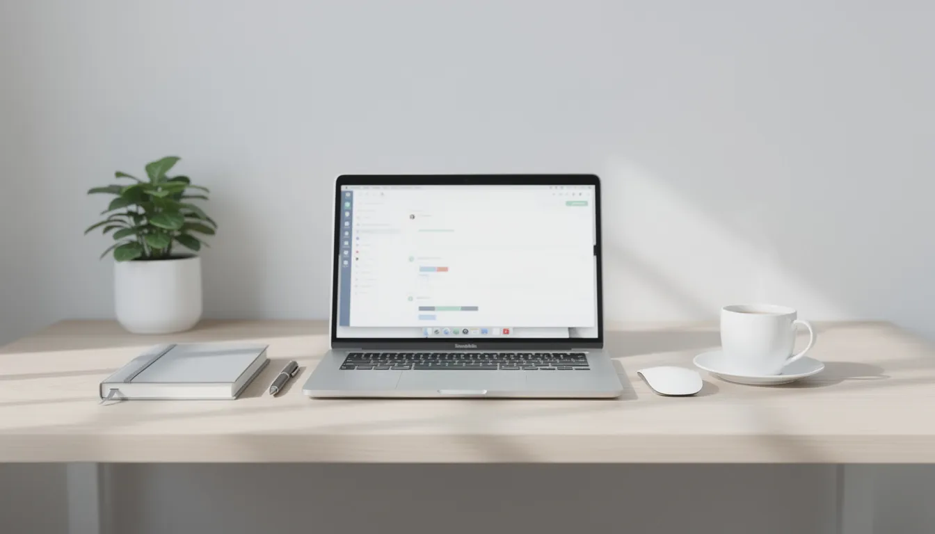 The image depicts a serene and organized workspace featuring a laptop, a coffee cup, and minimal desk accessories, creating an inviting atmosphere for productivity. The clean layout emphasizes a focus on efficiency, making it ideal for tasks related to artificial intelligence legislation or other professional endeavors.