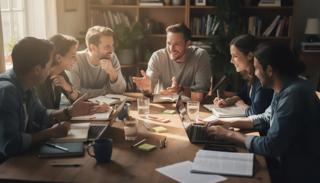 A group of writers collaborates around a table filled with notebooks and laptops, sharing ideas and refining their stories, which may include short stories, romance, or mystery. This scene captures the essence of the writing process, where friends come together to inspire each other and create characters and chapters for their illustrated stories.