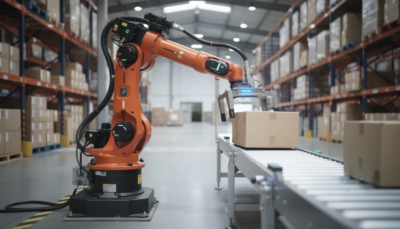 An industrial robotic arm is actively handling packages in a warehouse, equipped with visible sensors and cameras that enhance its ability to recognize patterns and perform tasks efficiently. This advanced artificial intelligence system utilizes deep learning algorithms and neural networks to process data and manage the movement of items within the facility.