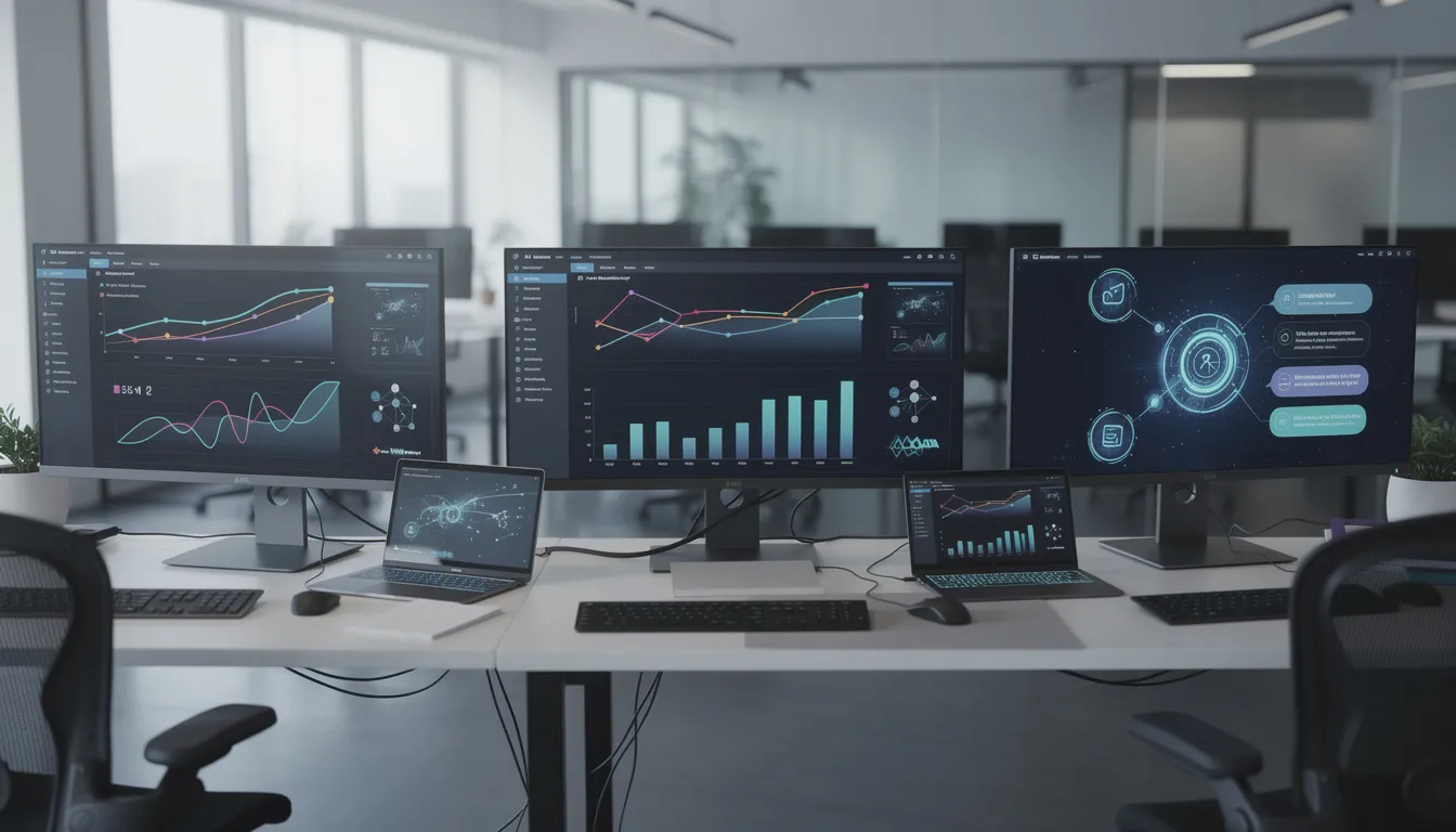 The image depicts a modern office workspace featuring multiple computer screens displaying vibrant data visualizations and elements of an artificial intelligence interface. This setup highlights the integration of AI technology in everyday life, showcasing its role in data analysis and the potential advantages and disadvantages of AI systems in various professional environments.