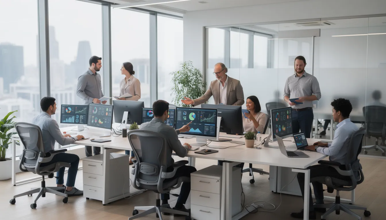 The image depicts a modern office workspace where professionals are engaged with computers and digital dashboards, utilizing AI tools and software for data analysis and decision making. The environment showcases the integration of artificial intelligence in business, enhancing operational efficiency and customer satisfaction through advanced AI solutions.