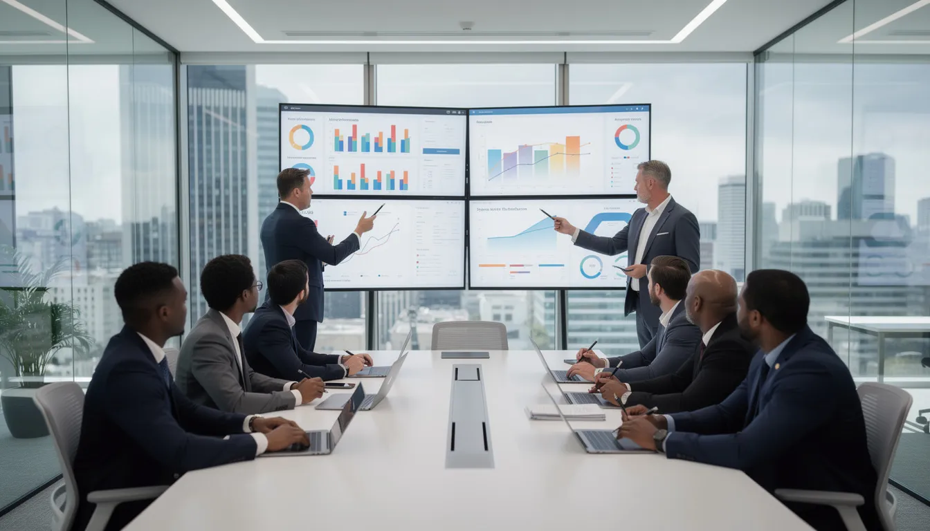 In a modern office, business professionals are gathered around large screens, actively reviewing data visualizations that showcase insights from their research and development efforts in artificial intelligence. This collaborative environment reflects the future of enterprise operations, where AI tools and models drive decision-making and innovation.