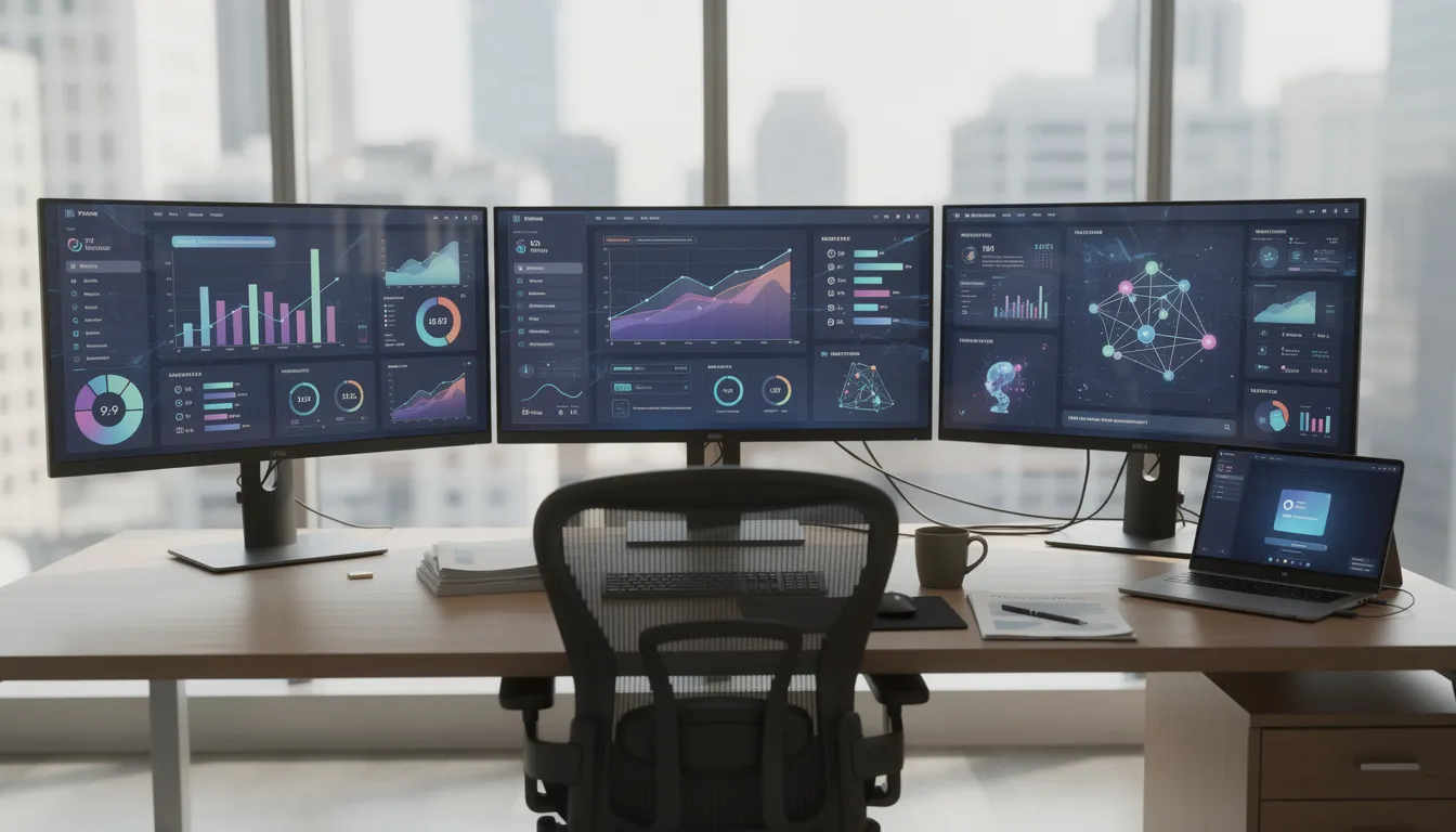 The image depicts a modern office workspace featuring multiple computer screens displaying data dashboards and AI interfaces, highlighting advanced AI systems and machine learning models. The setup emphasizes the integration of artificial intelligence technologies, showcasing how these tools can analyze complex data and support decision-making in a professional environment.