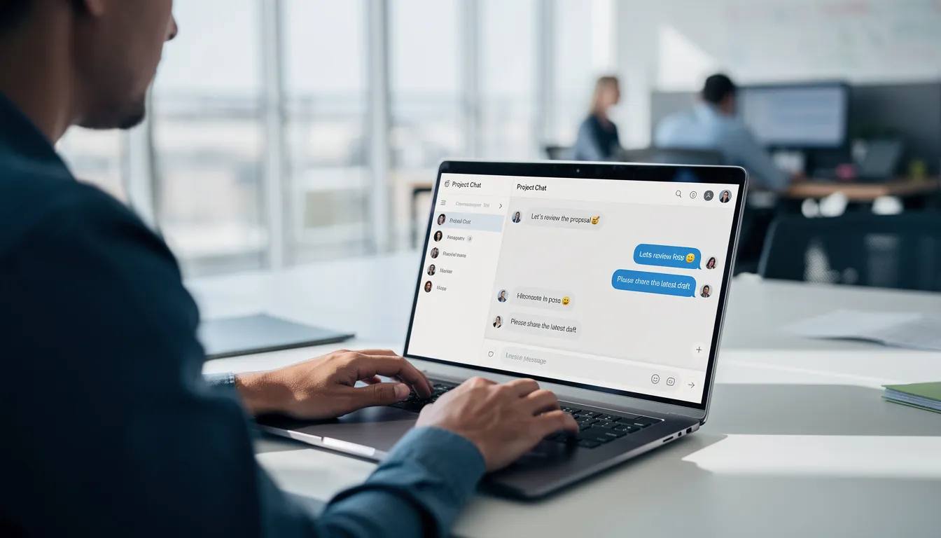 A person is seated at a modern office desk, focused on their laptop, which displays a chat interface likely related to an AI chatbot like ChatGPT. The environment suggests a tech-savvy atmosphere, ideal for training AI systems and collecting user feedback for enhancing business strategies.