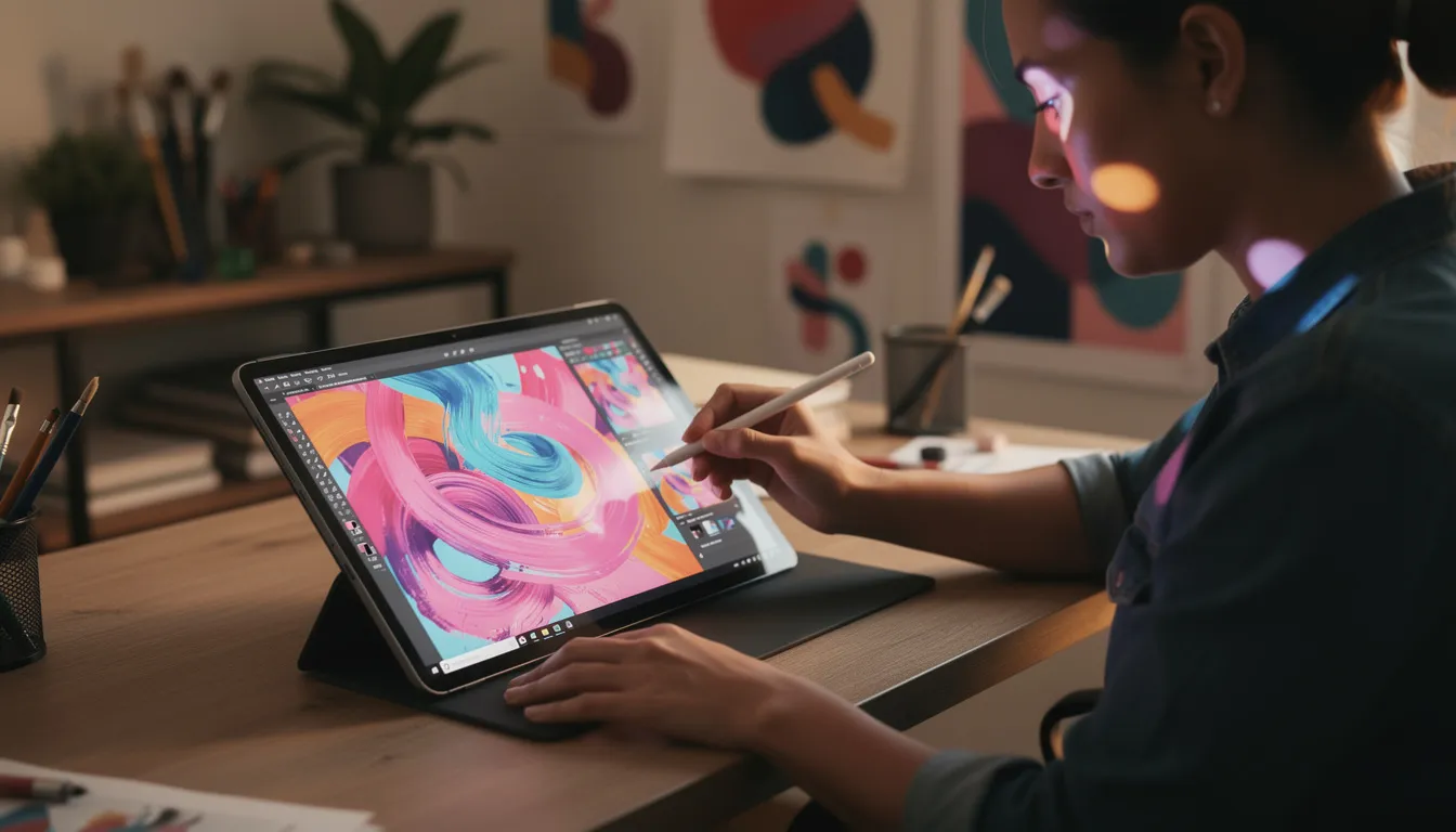 A digital artist is focused on creating vibrant abstract designs on a tablet, showcasing their creativity through colorful patterns and shapes. This scene highlights the use of advanced tools for image generation, reflecting the newest innovations in digital art.