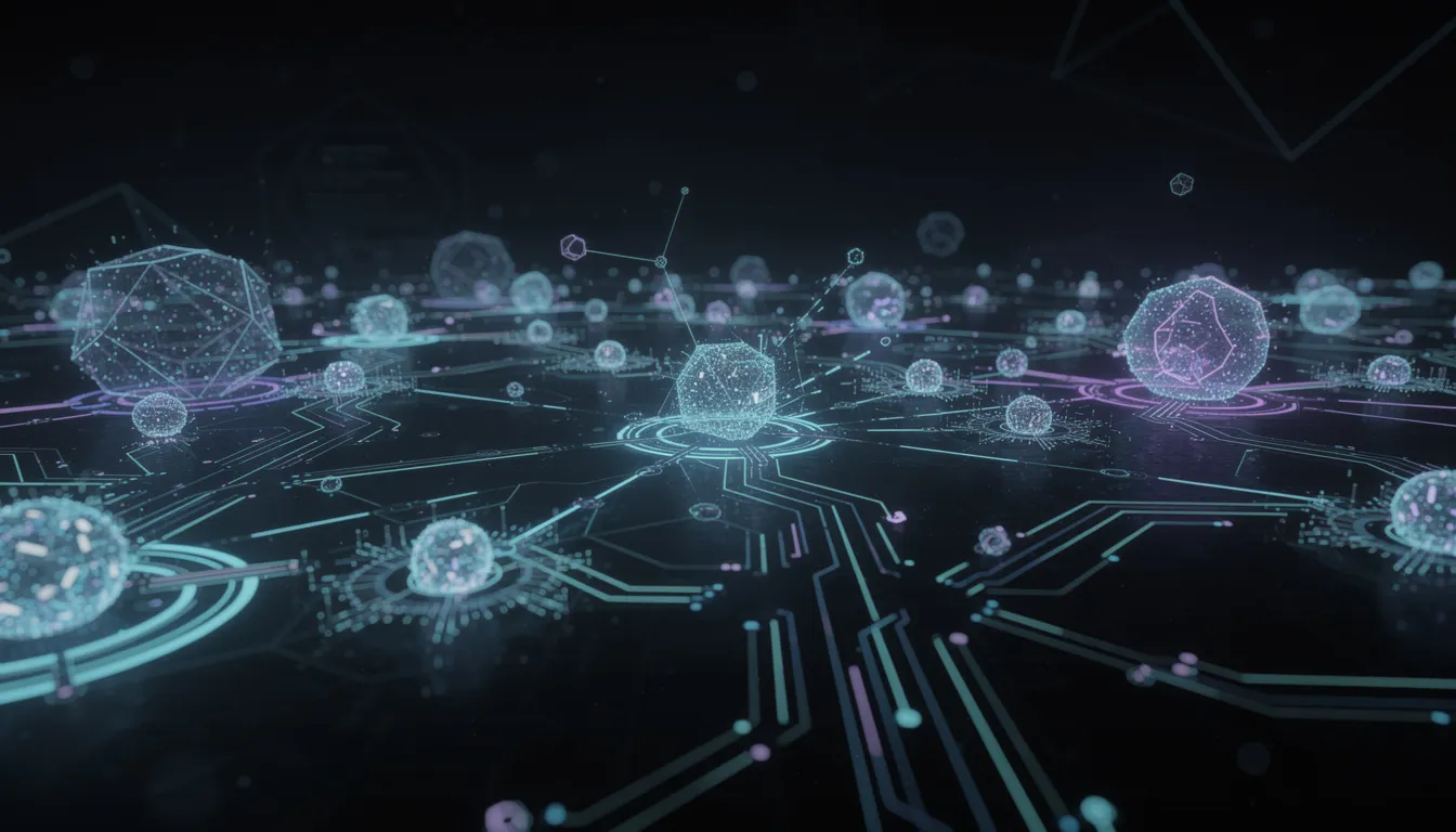 The image depicts an abstract visualization of interconnected nodes, symbolizing various AI systems within a futuristic network. This representation highlights the complexities of AI development and the importance of responsible AI governance, emphasizing ethical considerations and compliance with regulations in the evolving landscape of artificial intelligence.