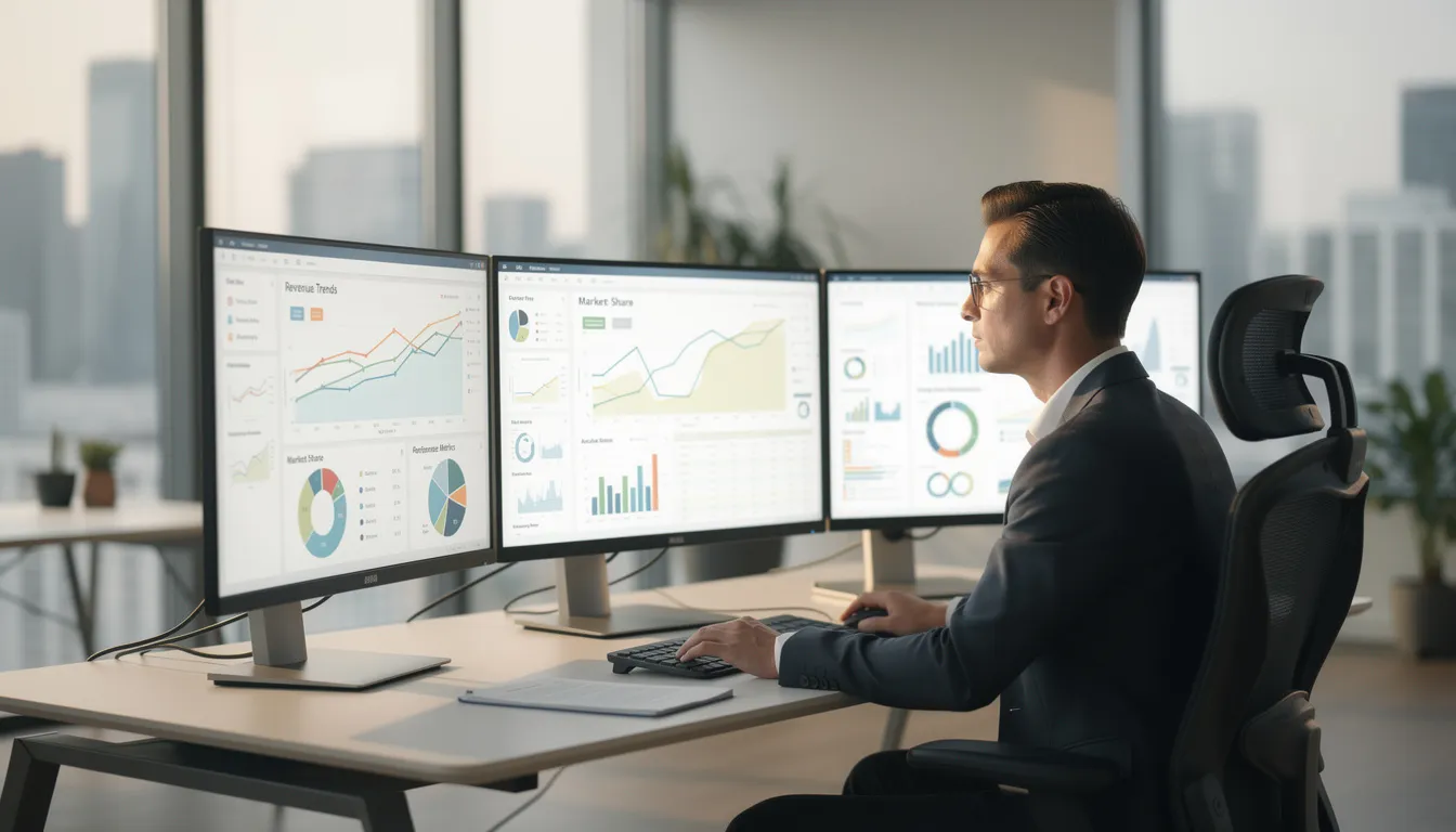 A data science professional is intently analyzing various charts and data visualizations displayed on multiple computer monitors in a modern office setting, utilizing advanced data analysis techniques and AI tools to extract meaningful insights from structured and unstructured data. The environment suggests a focus on machine learning and predictive models to drive data-driven decisions.
