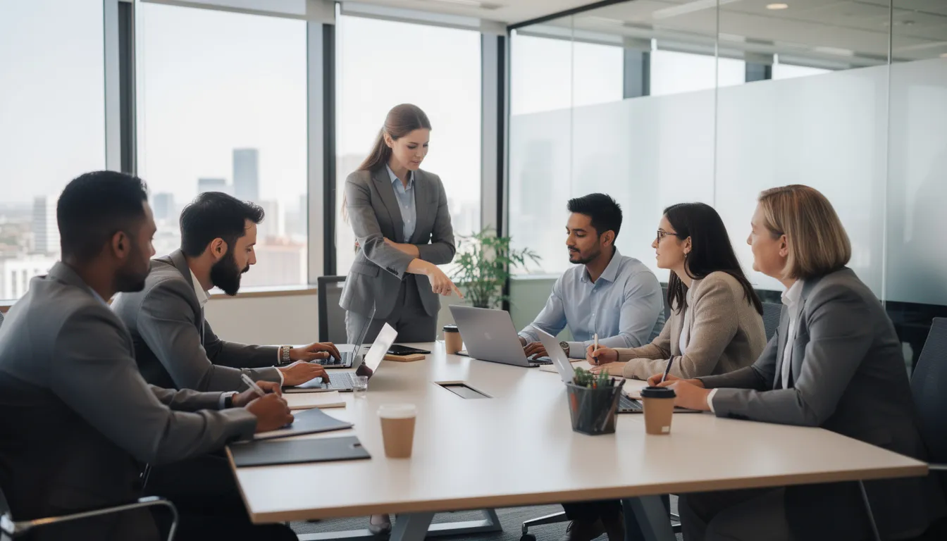 A diverse team is gathered around a conference table, collaborating on their laptops to generate ideas and overcome writer's block. They are engaged in the writing process, utilizing AI tools to create high-quality content for blog posts and professional documents.