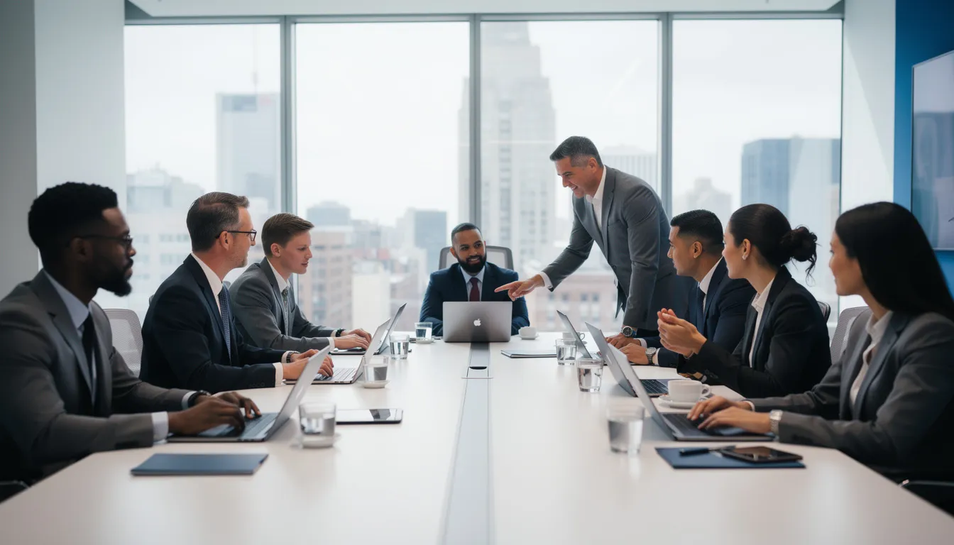 A diverse team of professionals collaborates around a conference table, equipped with laptops, discussing strategies for implementing enterprise AI solutions to enhance business operations. They are focused on optimizing resource allocation and improving decision-making processes through advanced AI technologies and data-driven insights.